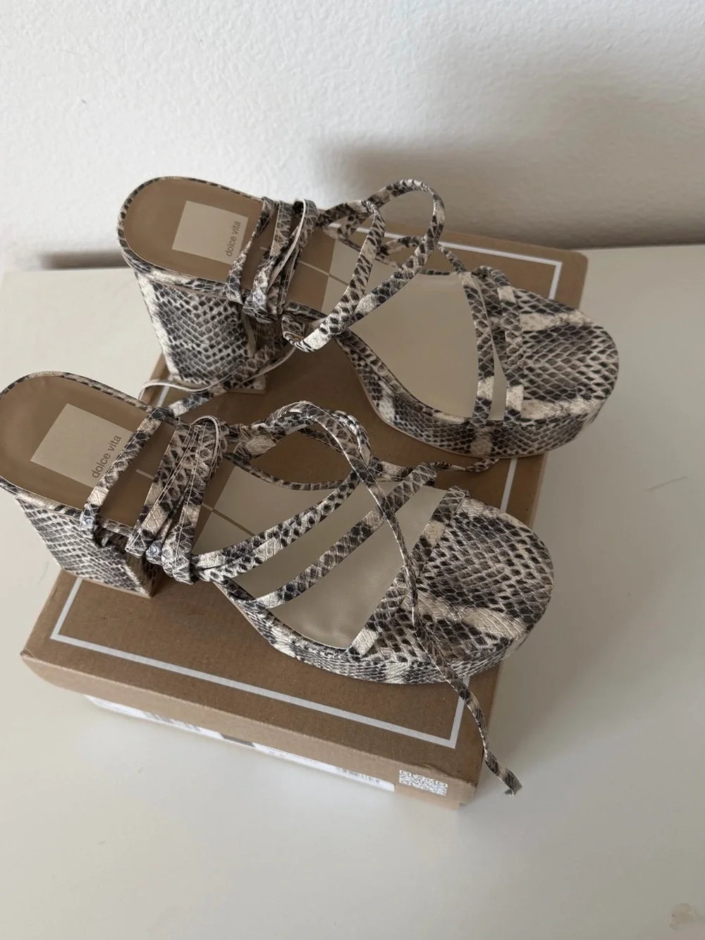 Dolce Vita Grey and White Snakeskin Lace-Up Platform Sandals